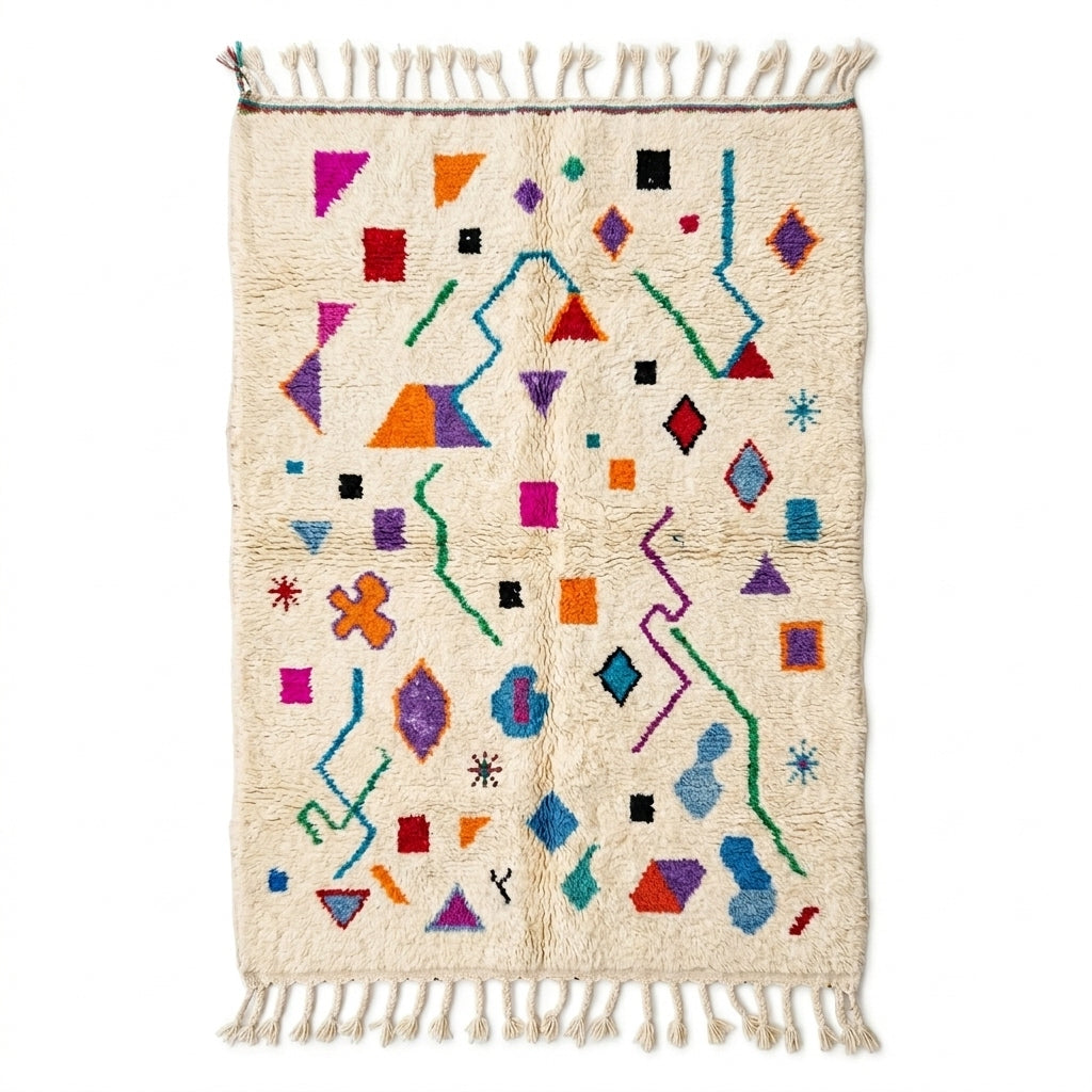 Playful Sprinkle Azilal rug, handwoven wool with scattered bright multicolor shapes, flat lay top view
