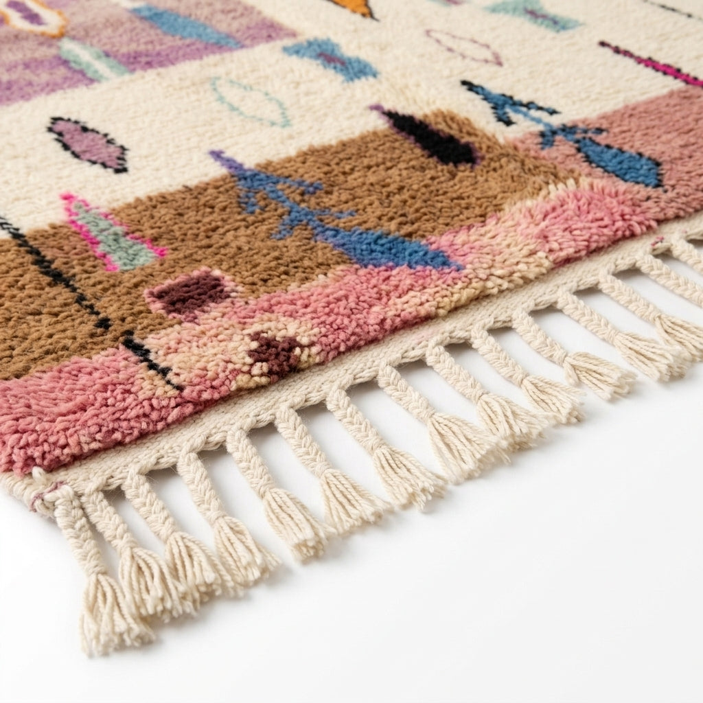 Plum Fields Boujaad rug — hand-knotted fringe detail close-up