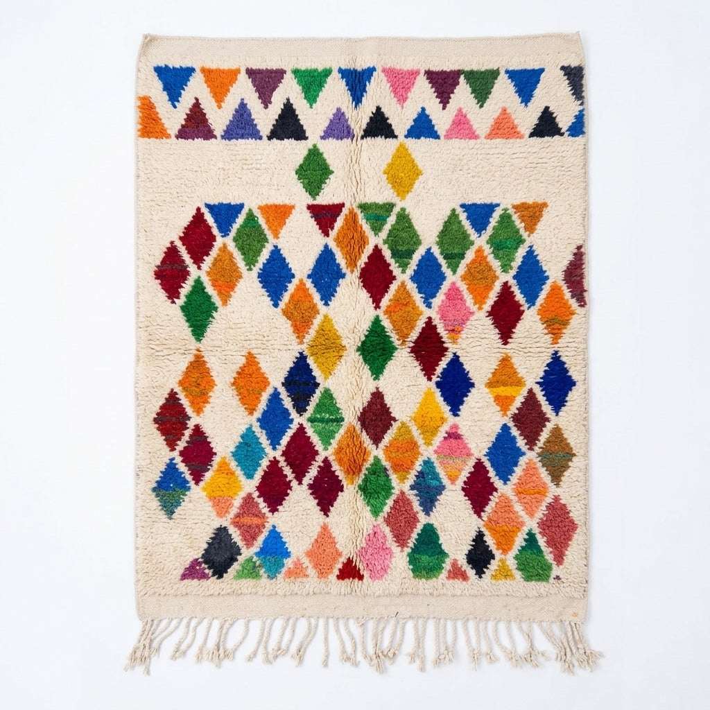 Prism Diamonds Azilal rug, handwoven wool with multicolor diamonds and triangles, flat lay top view