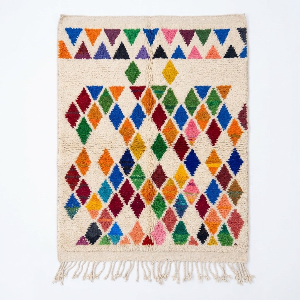 Prism Diamonds Azilal rug, handwoven wool with multicolor diamonds and triangles, flat lay top view