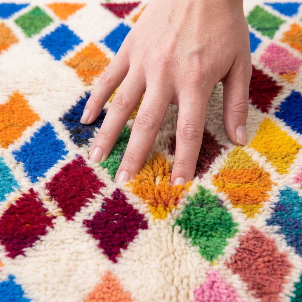 Prism Diamonds Azilal rug — hand resting on the soft wool pile