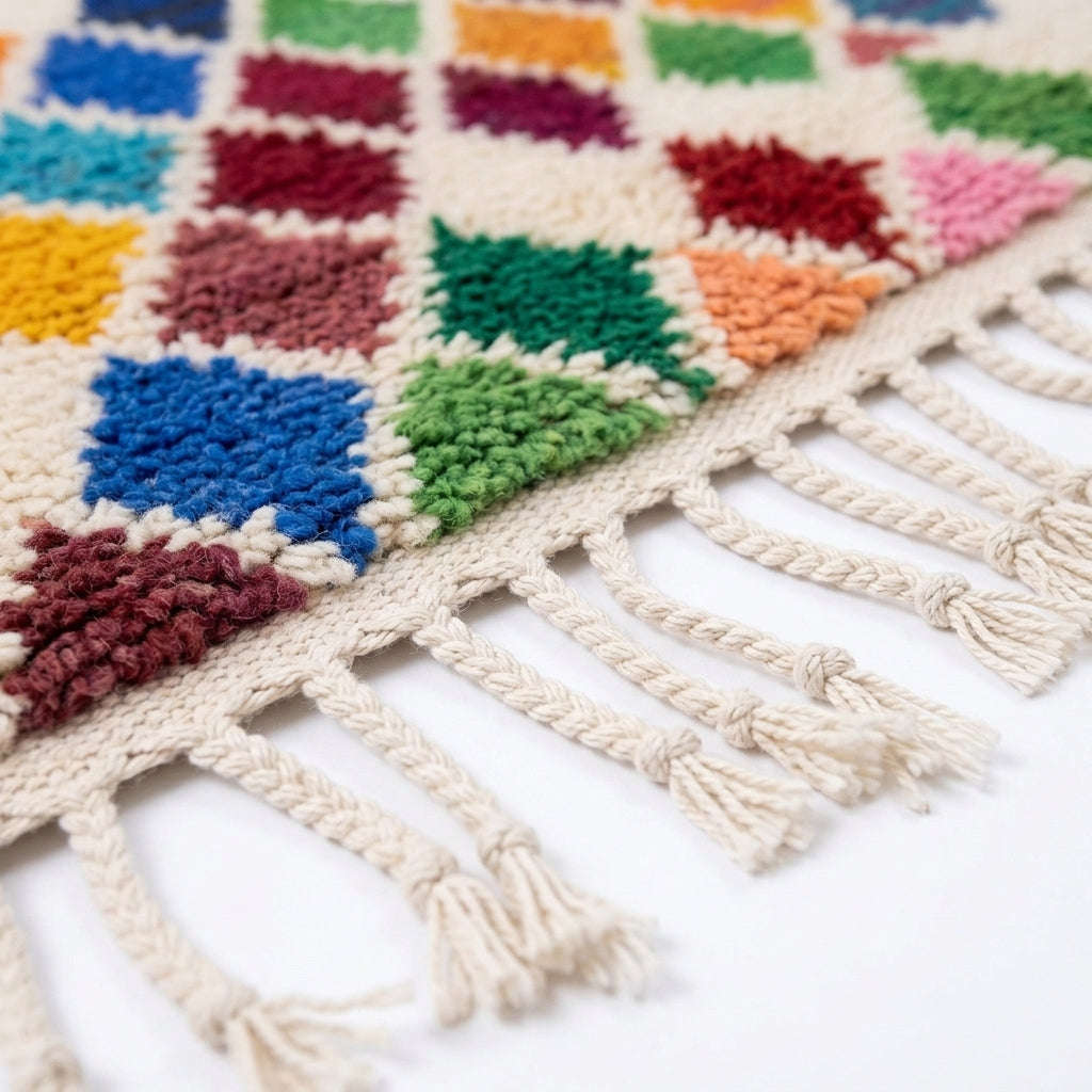 Prism Diamonds Azilal rug — hand-knotted fringe detail close-up