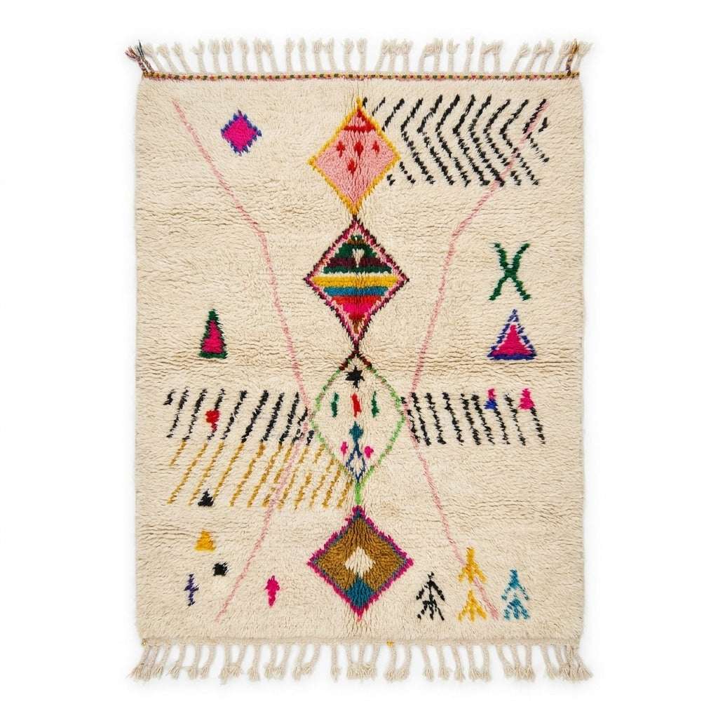 Rainbow Totem Azilal rug, handwoven wool with pink, yellow, green, blue and black scattered motifs, flat lay top view