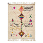 Rainbow Totem Azilal rug, handwoven wool with pink, yellow, green, blue and black scattered motifs, flat lay top view