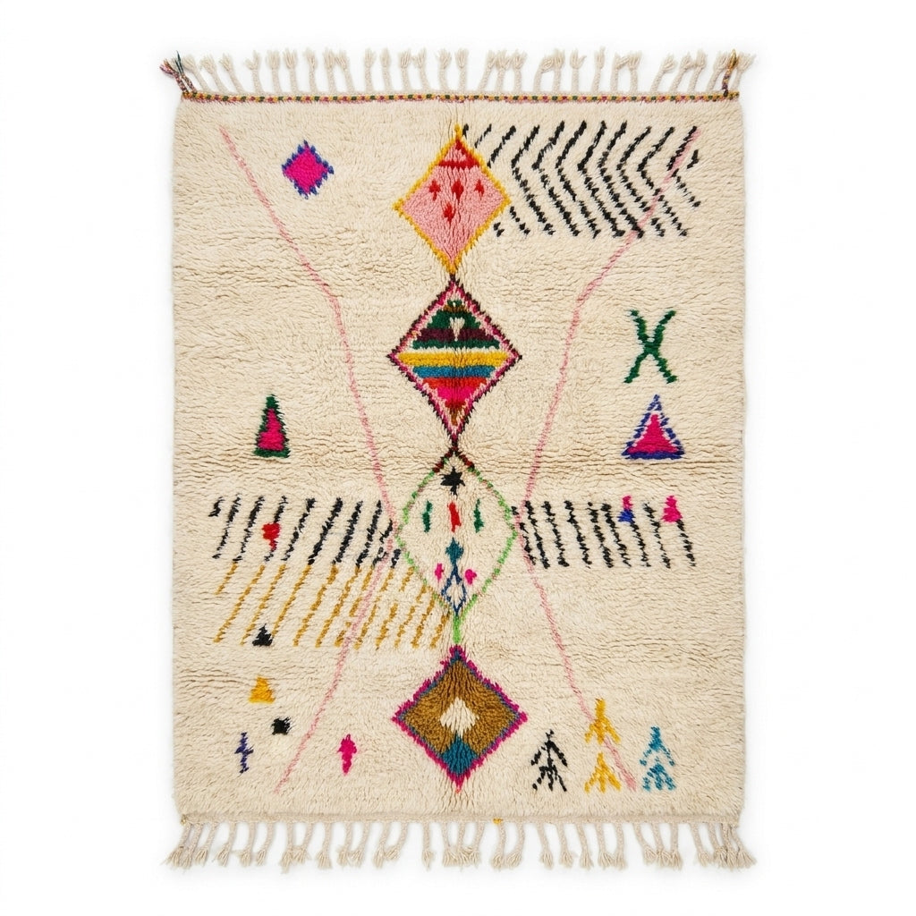 Rainbow Totem Azilal rug, handwoven wool with pink, yellow, green, blue and black scattered motifs, flat lay top view