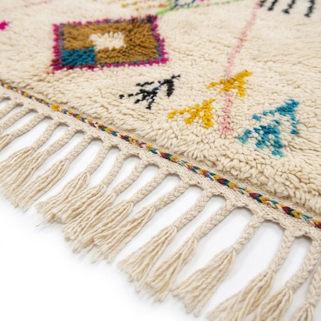 Rainbow Totem Azilal rug — hand-knotted fringe detail close-up