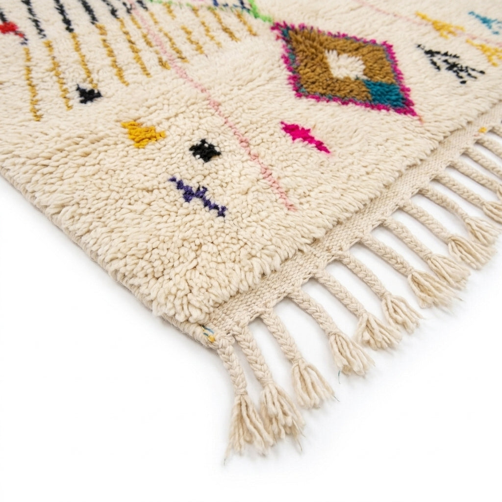 Rainbow Totem Azilal rug — hand-knotted fringe detail close-up