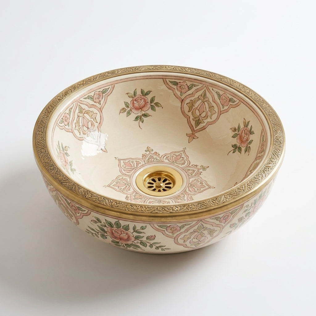 Rose Garden Brass Moroccan ceramic sink - angled view of rose medallions