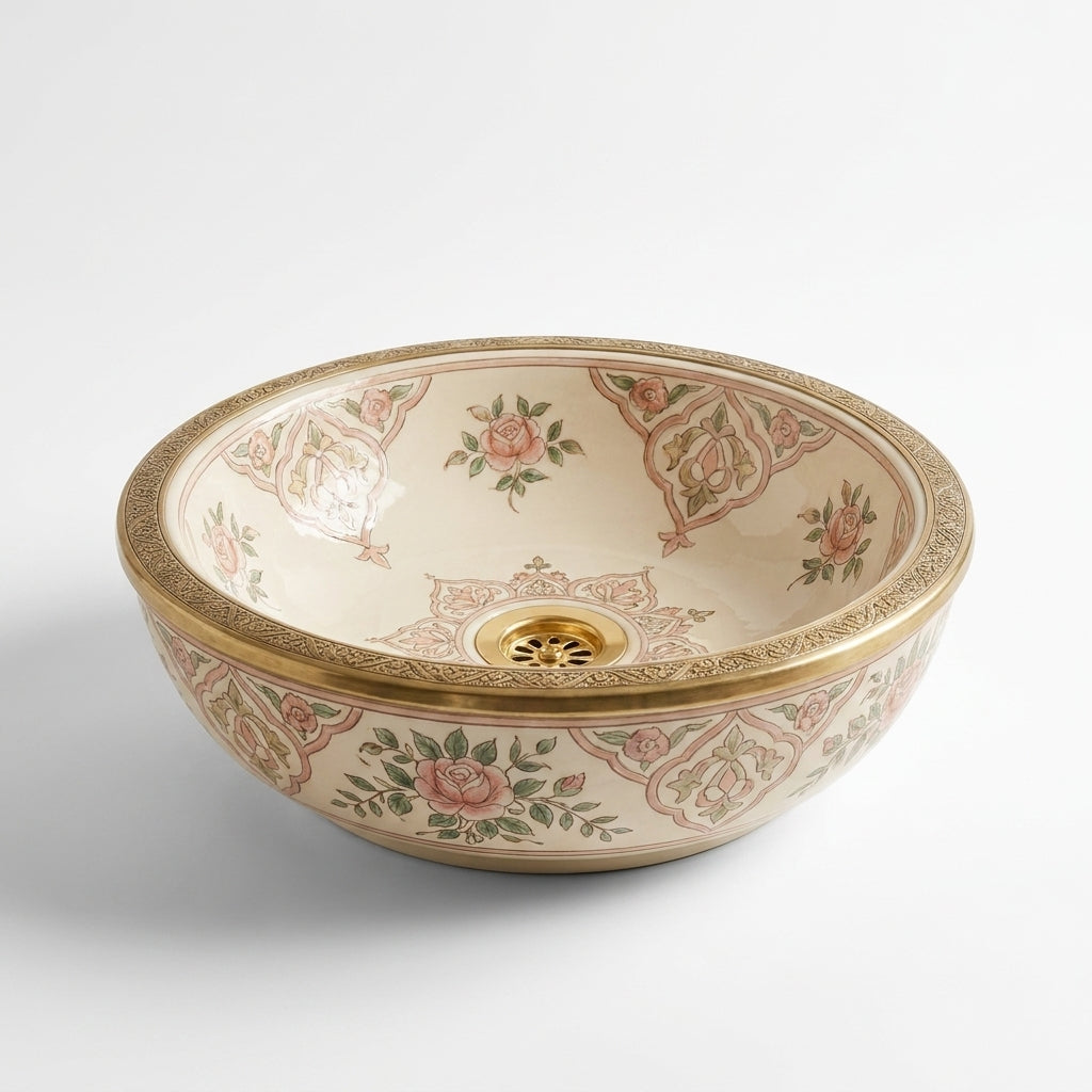 Rose Garden Brass Moroccan ceramic sink - top view of pink mandala