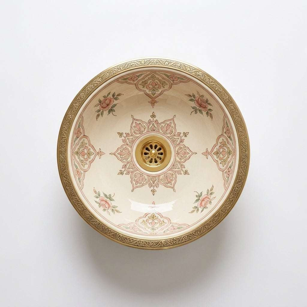 Rose Garden Brass Moroccan ceramic sink - close-up of painted roses
