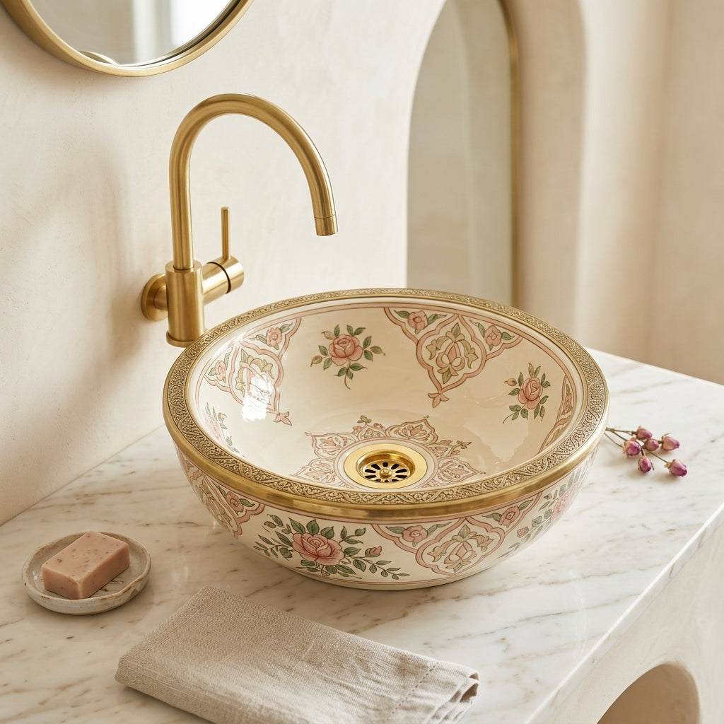 Rose Garden Brass Moroccan ceramic vessel sink with brass faucet