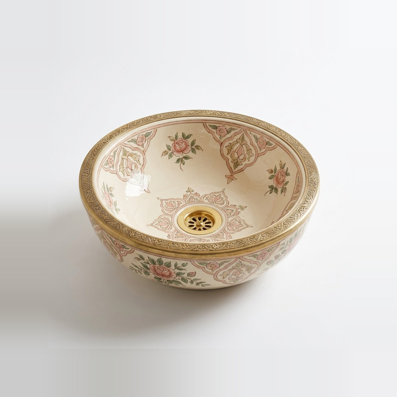 Rose Garden Brass Moroccan ceramic vessel sink - blush pink roses on cream with hand-engraved brass rim