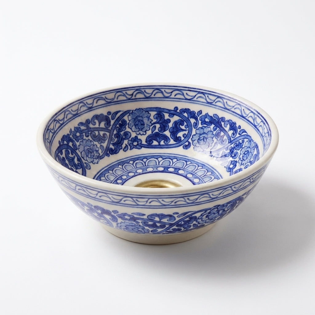 Royal Blue Medallion Moroccan ceramic sink - angled view of blue and white bowl