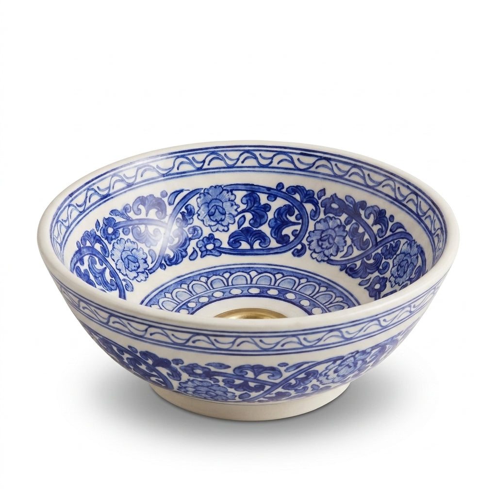 Royal Blue Medallion Moroccan ceramic sink - close-up of lace ring around brass drain