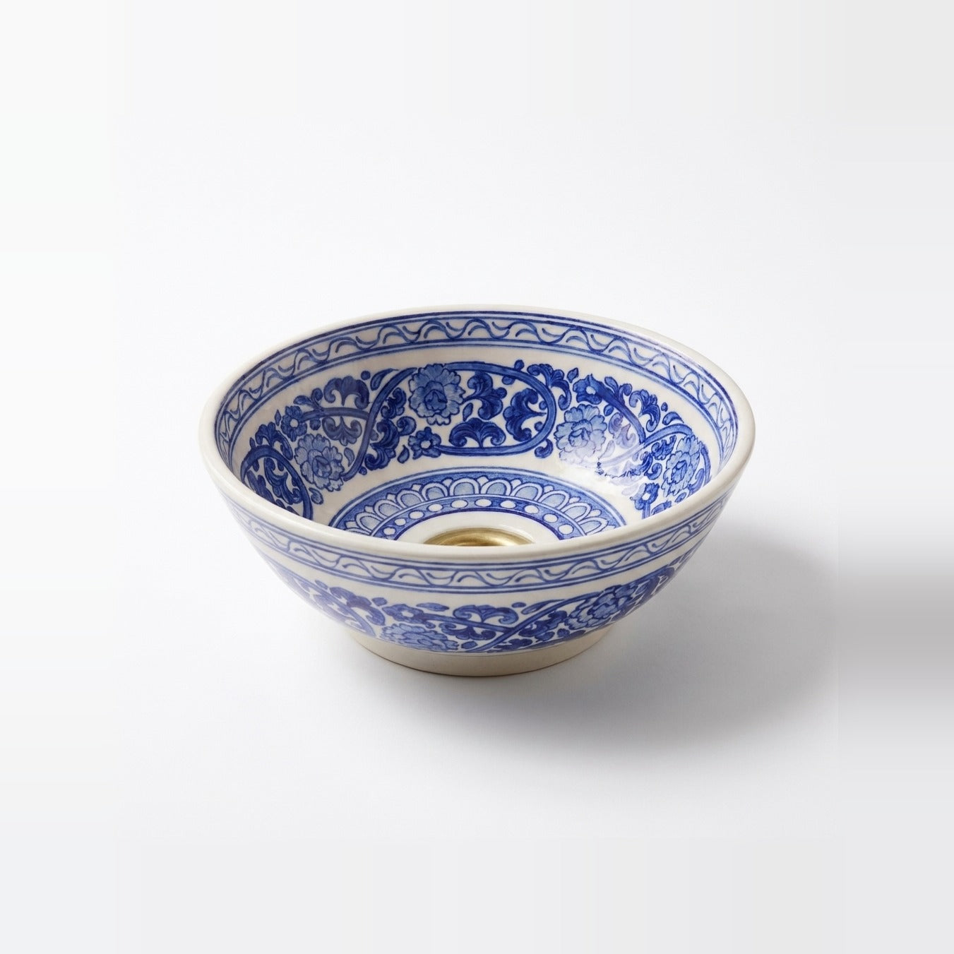 Royal Blue Medallion Moroccan ceramic vessel sink - cobalt floral medallion bands with brass drain