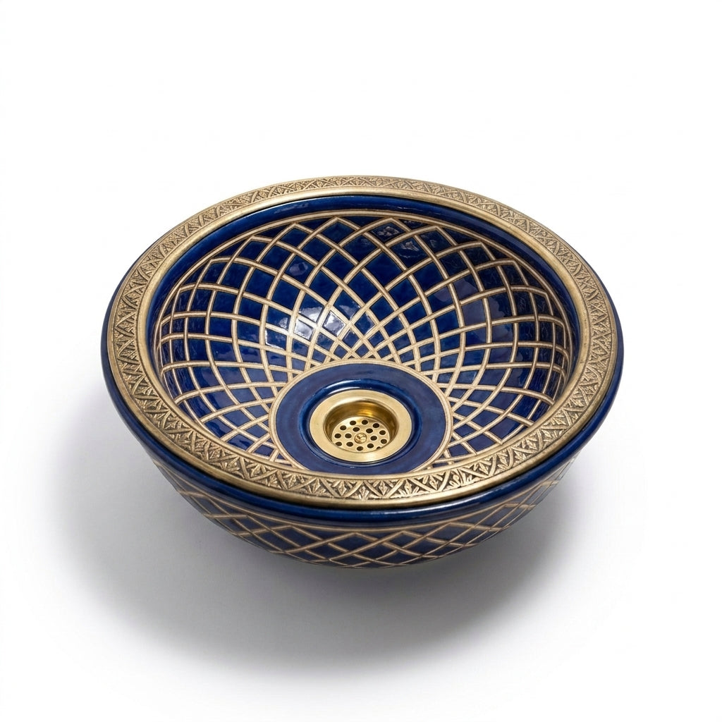 Royal Shebka Gold Moroccan ceramic sink - angled view of gold lattice
