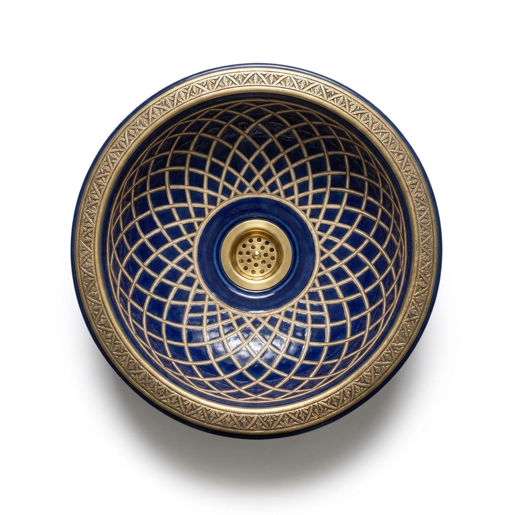 Royal Shebka Gold Moroccan ceramic sink - top view of blue and gold net