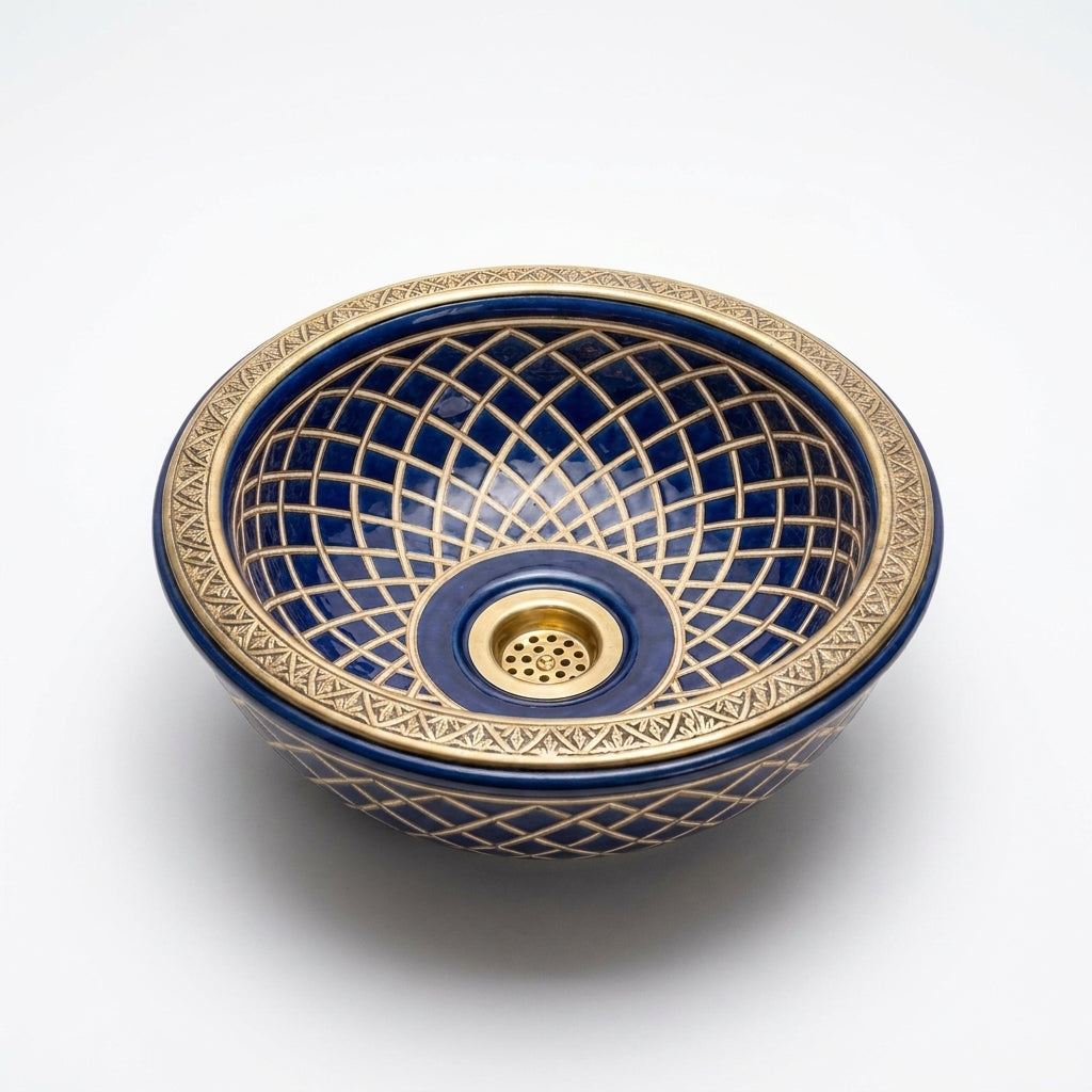 Royal Shebka Gold Moroccan ceramic sink - detail of engraved brass rim