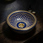 Royal Shebka Gold Moroccan ceramic vessel sink - full view with brass rim