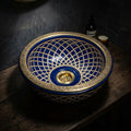 Royal Shebka Gold Moroccan ceramic vessel sink - full view with brass rim