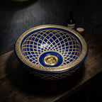 Royal Shebka Gold Moroccan ceramic vessel sink - full view with brass rim