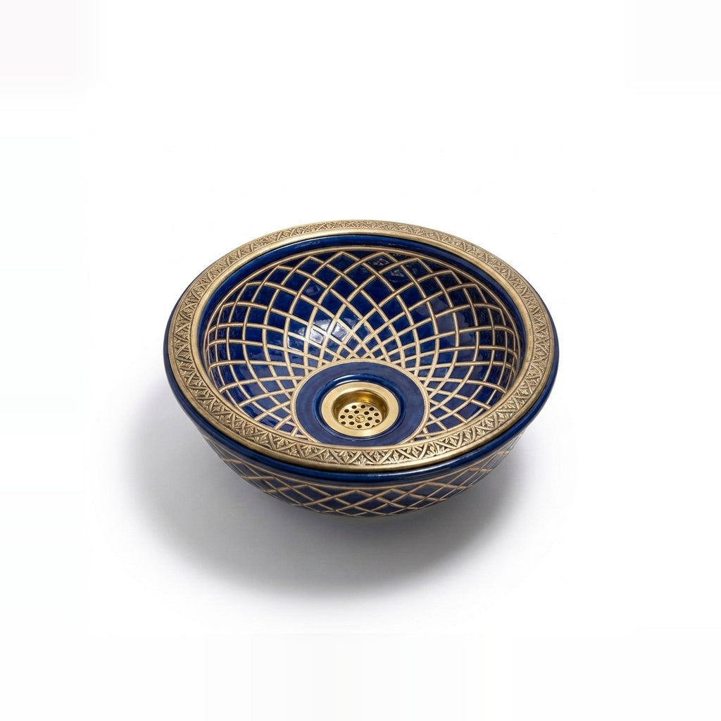 Royal Shebka Gold Moroccan ceramic vessel sink - royal blue with gold shebka lattice and engraved brass rim