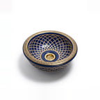 Royal Shebka Gold Moroccan ceramic vessel sink - royal blue with gold shebka lattice and engraved brass rim