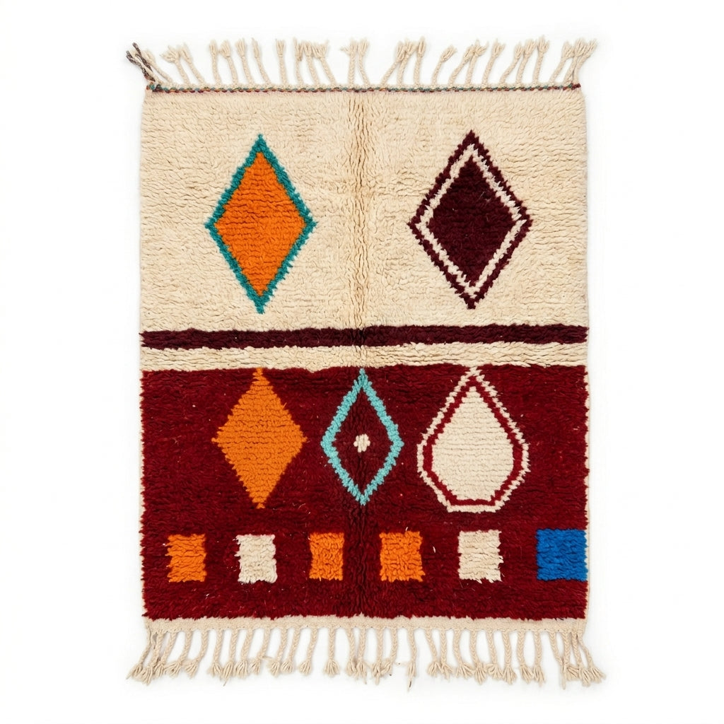 Ruby Horizon Azilal rug, handwoven wool with a deep red base with orange, teal and blue motifs, flat lay top view