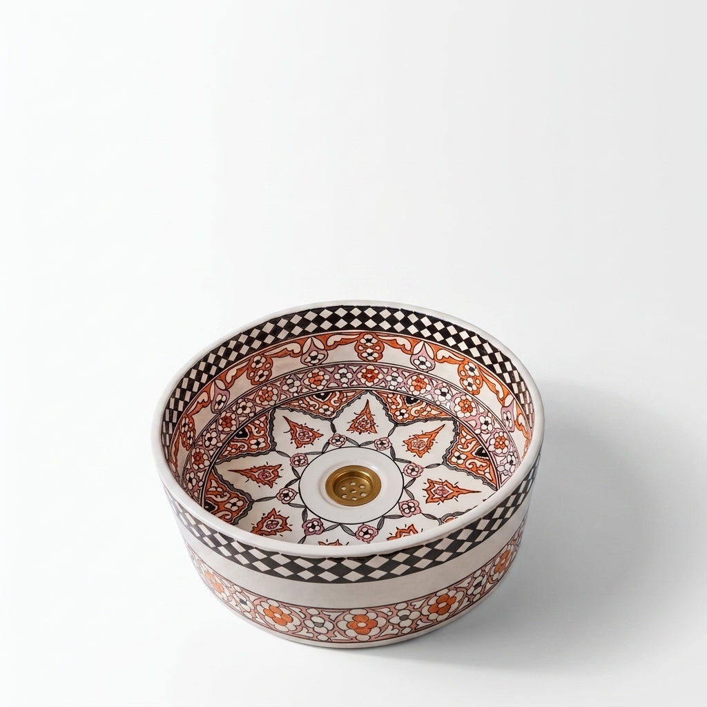 Saffron Arabesque Drum Moroccan ceramic sink - angled view of drum basin