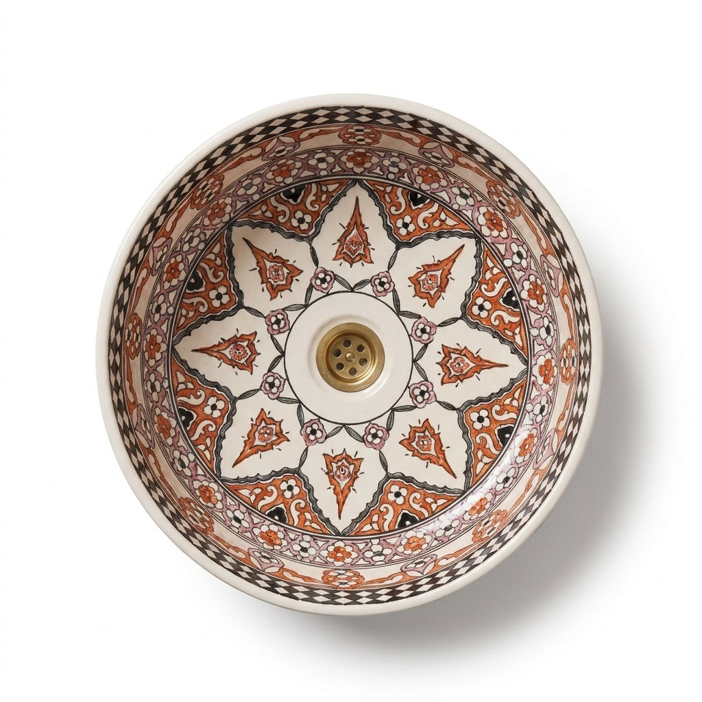 Saffron Arabesque Drum Moroccan ceramic sink - side view of checkerboard bands