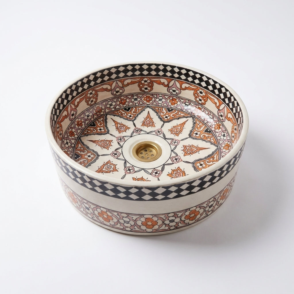 Saffron Arabesque Drum Moroccan ceramic sink - soft light studio view