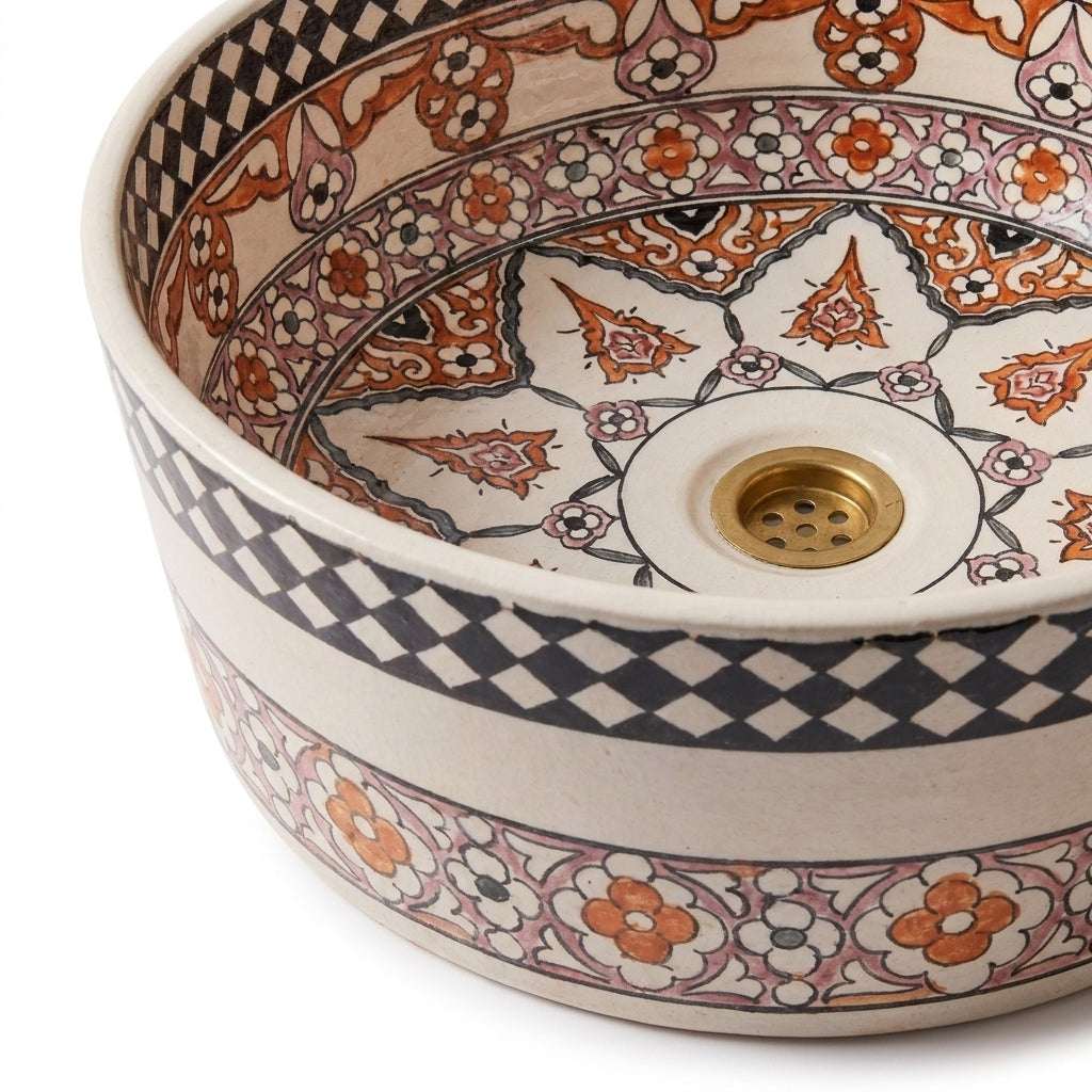 Saffron Arabesque Drum Moroccan ceramic sink - macro of hand-painted surface