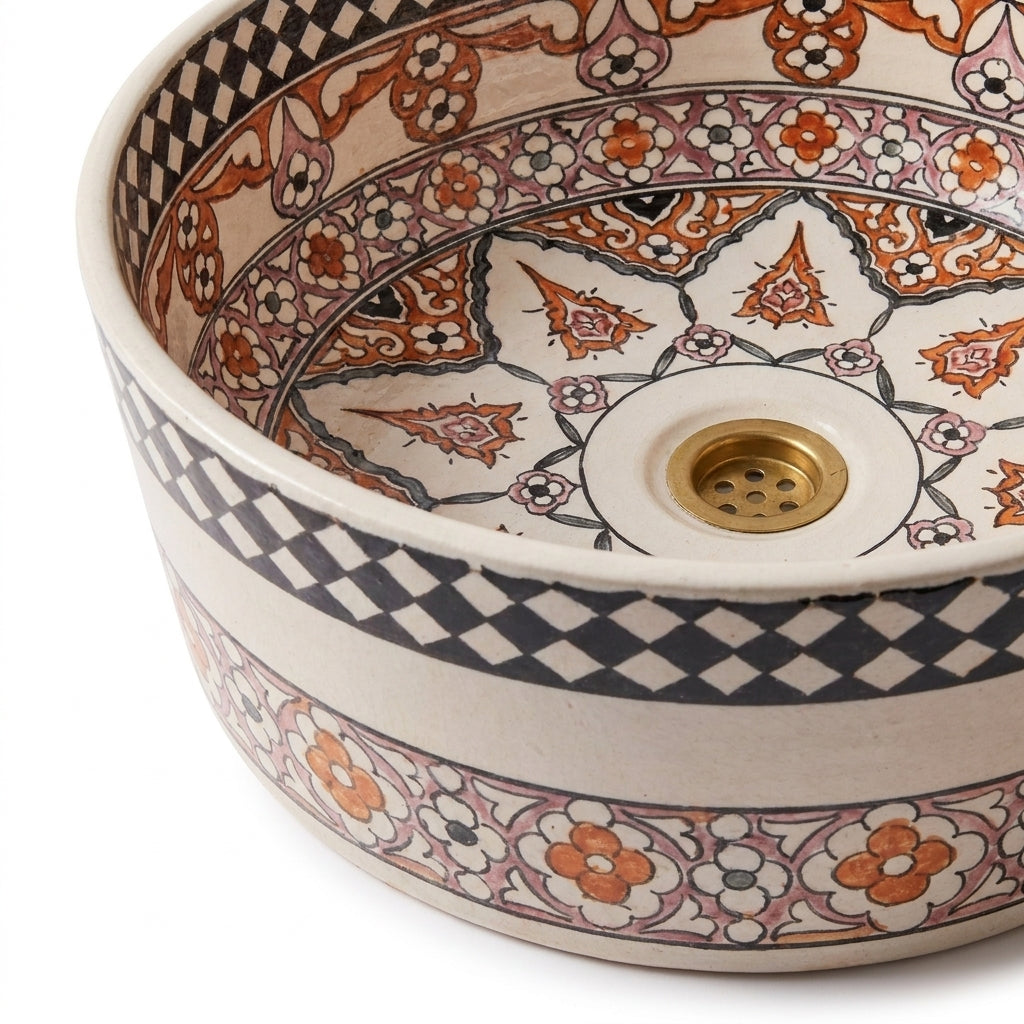 Saffron Arabesque Drum Moroccan ceramic sink - macro of hand-painted surface