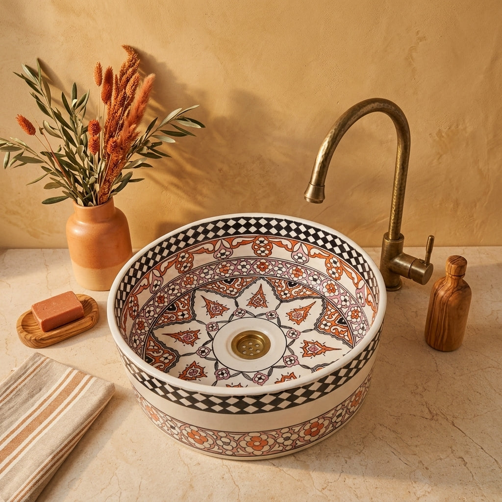 Saffron Arabesque Drum Moroccan ceramic vessel sink styled on a bathroom counter in a Moroccan-inspired setting