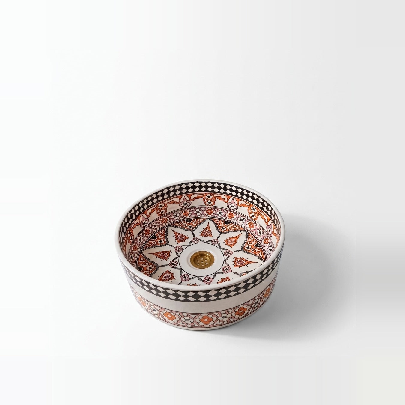 Saffron Arabesque Drum Moroccan ceramic vessel sink - checkerboard bands with saffron arabesque star interior