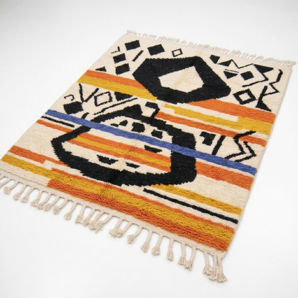 Saffron Jazz Azilal rug, handwoven wool with black, orange, yellow and blue motifs and stripes, flat lay top view