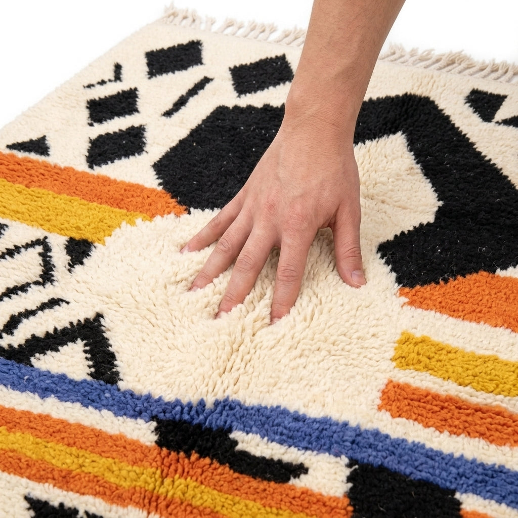 Saffron Jazz Azilal rug — hand resting on the soft wool pile