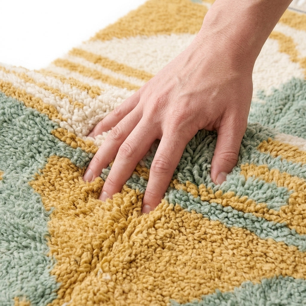 Sage & Ochre Mrirt rug — hand resting on the soft wool pile