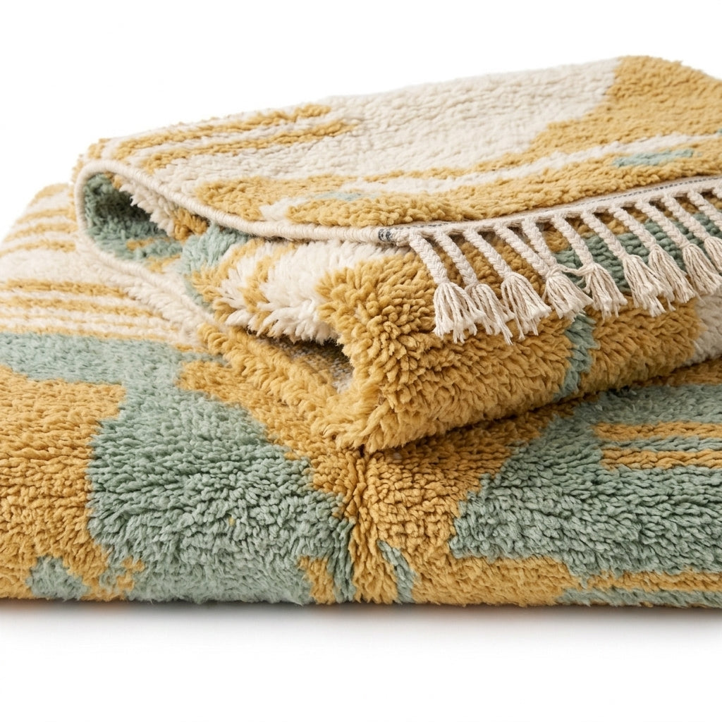 Sage & Ochre Mrirt rug — rug folded showing wool thickness