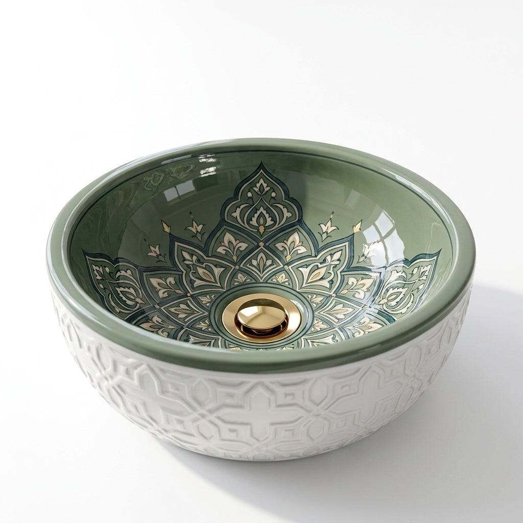 Sage Mandala Emboss Moroccan ceramic sink - angled view of green interior