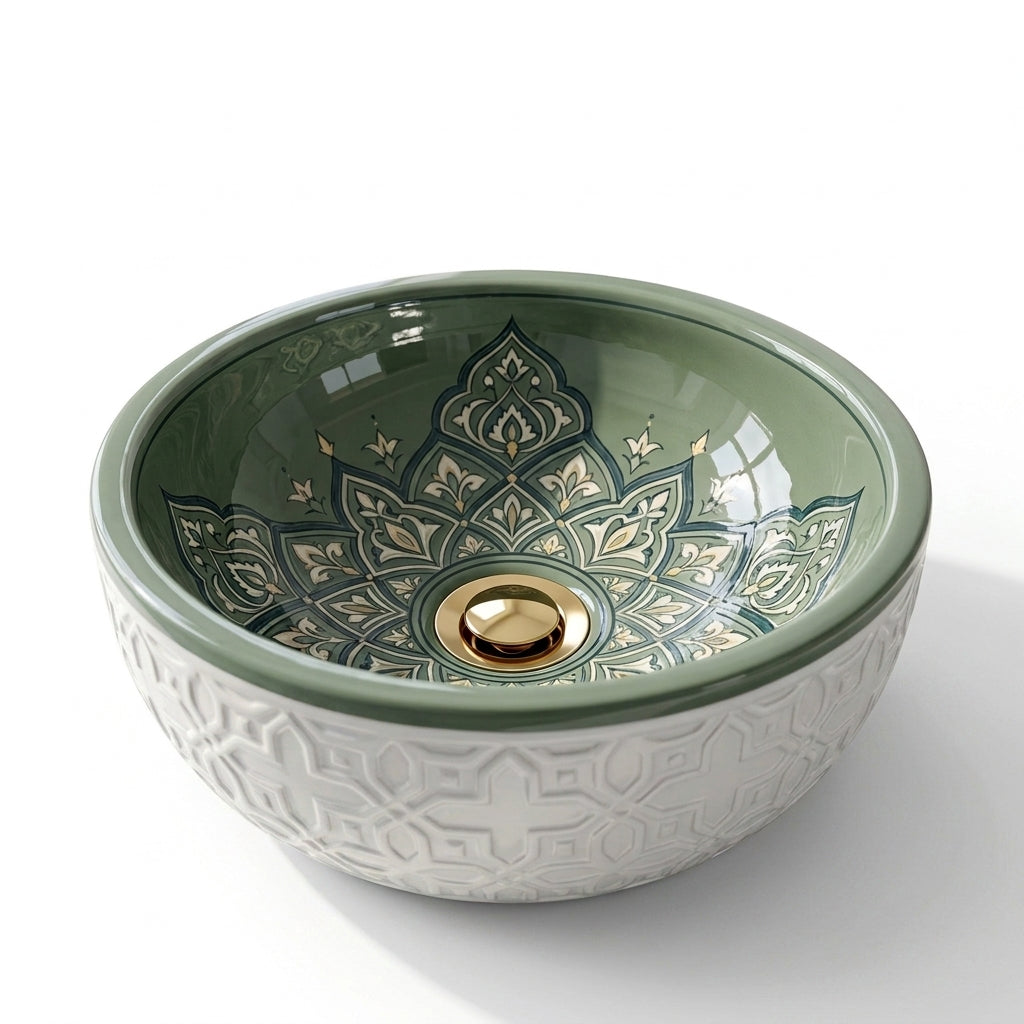 Sage Mandala Emboss Moroccan ceramic sink - side view of embossed lattice