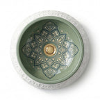Sage Mandala Emboss Moroccan ceramic sink - top view of fan mandala