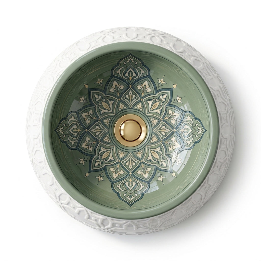Sage Mandala Emboss Moroccan ceramic sink - top view of fan mandala