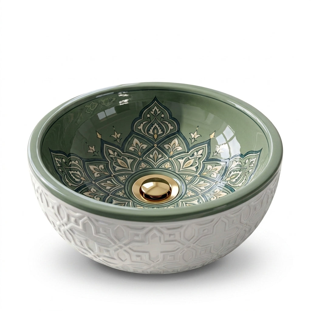 Sage Mandala Emboss Moroccan ceramic sink - studio photograph