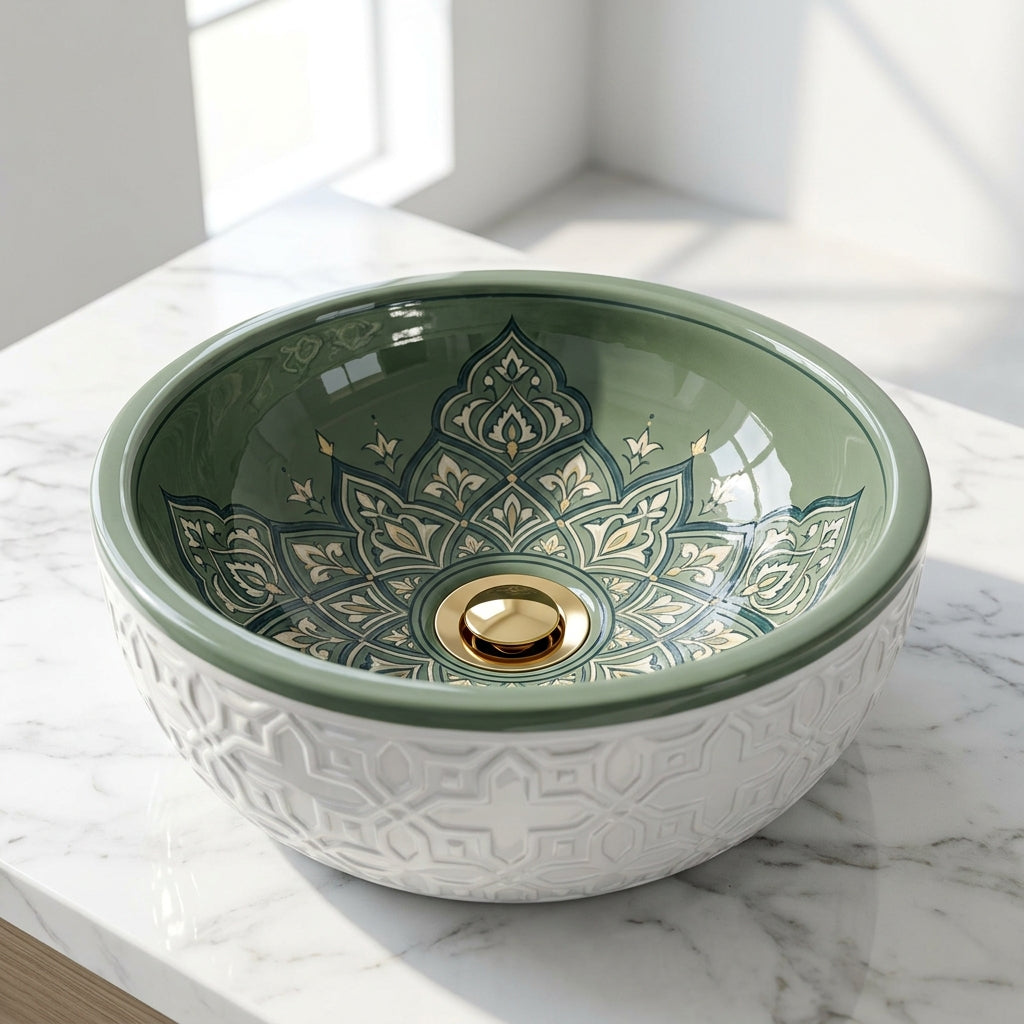Sage Mandala Emboss Moroccan ceramic vessel sink - full view