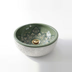 Sage Mandala Emboss Moroccan ceramic vessel sink - embossed white exterior with sage green fan mandala interior