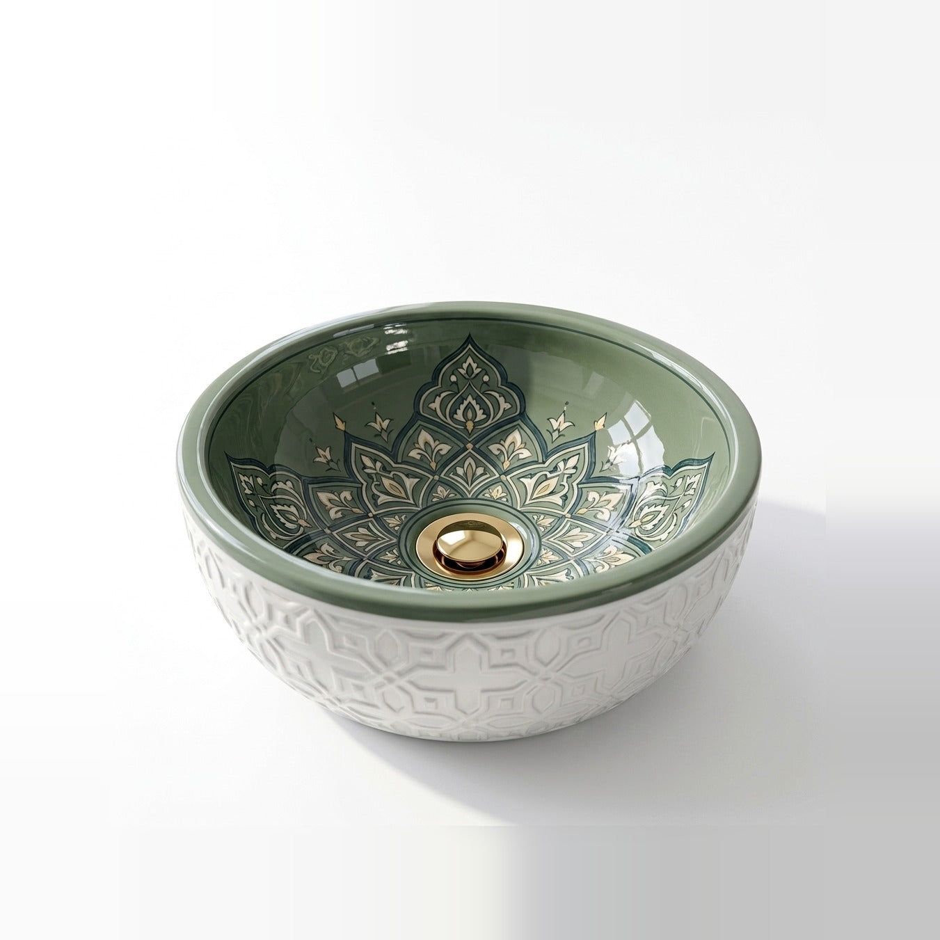 Sage Mandala Emboss Moroccan ceramic vessel sink - embossed white exterior with sage green fan mandala interior