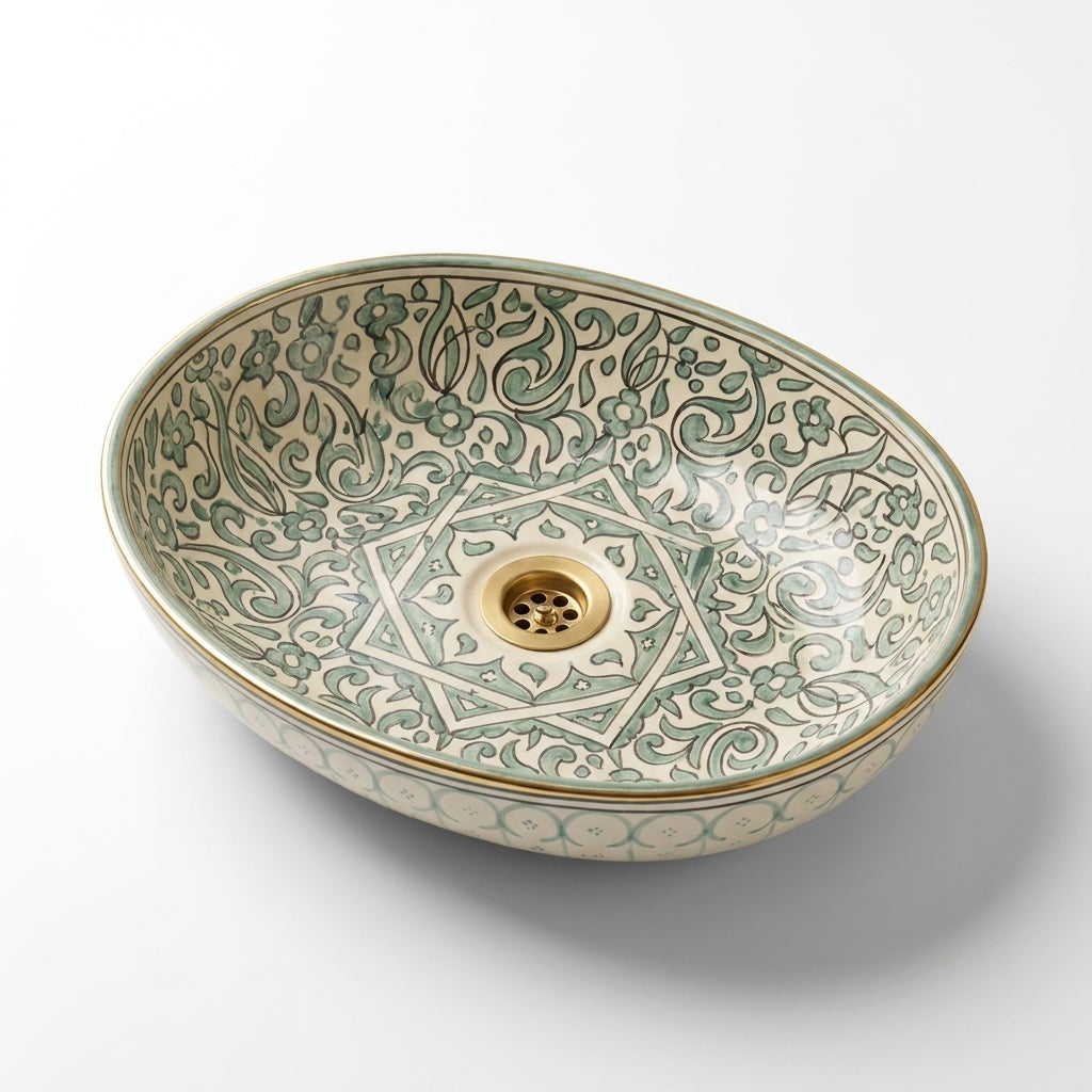 Sage Star Garden Moroccan ceramic sink - side angle showing green painted exterior