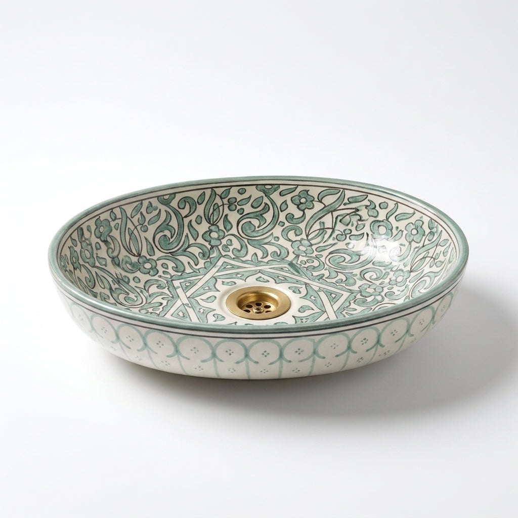 Sage Star Garden Moroccan ceramic sink - angled view of oval basin
