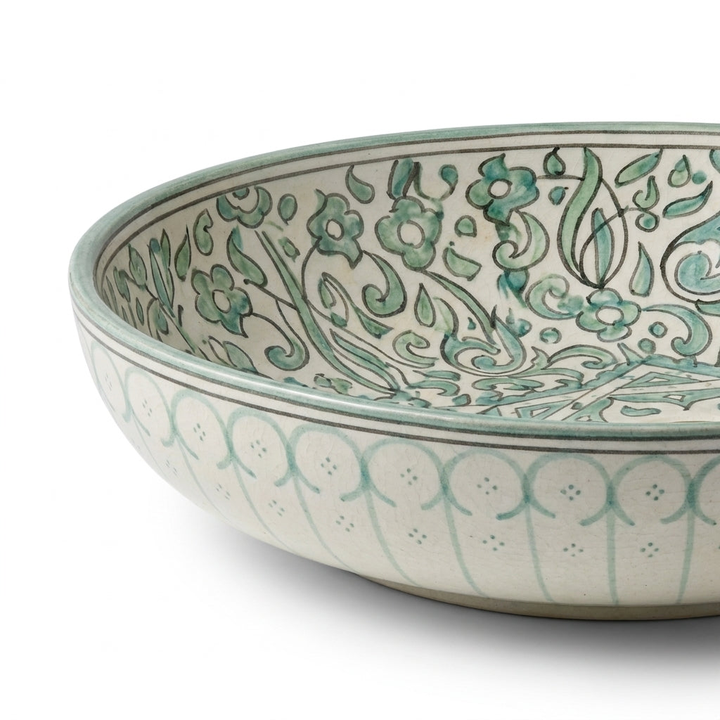 Sage Star Garden Moroccan ceramic sink - close-up of green floral hand-painting